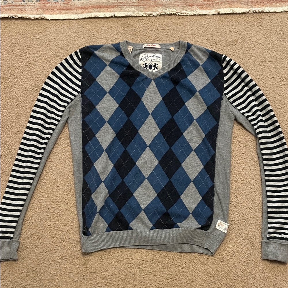 Scotch & Soda Blue and Gray Multi-Patterned V-Neck Sweater